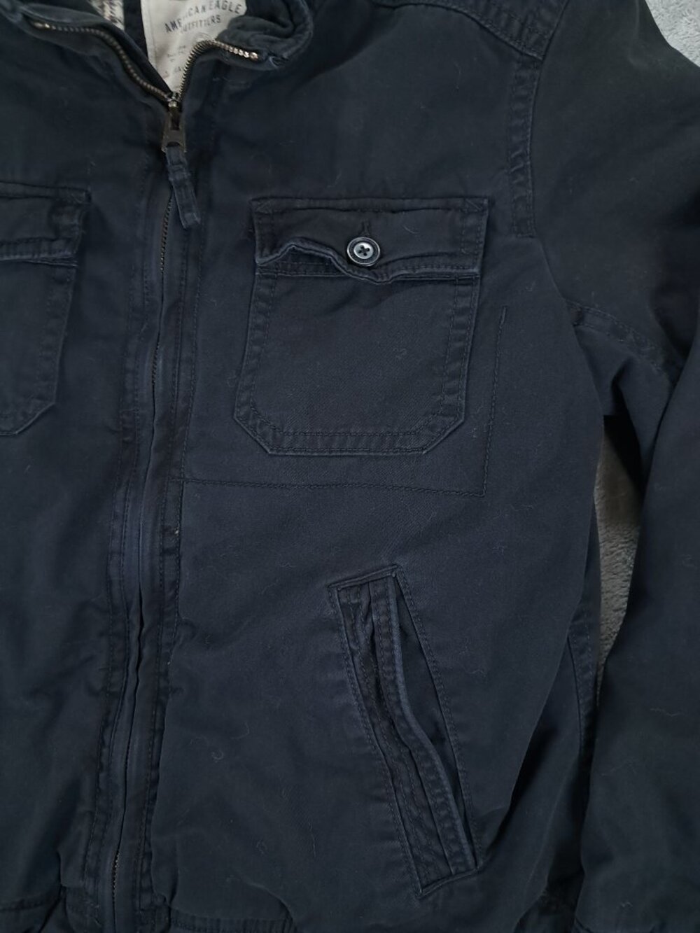 American Eagle Outfitters Canvas Bomber Jacket Men Large Black Flannel Lined - Picture 3 of 10